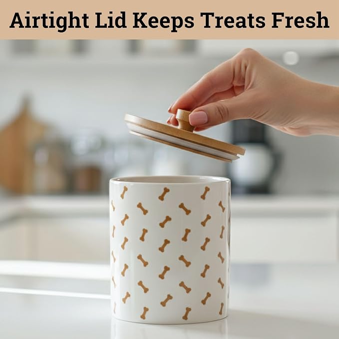 Ceramic Dog Treat Container Airtight with Bamboo Lid, 5"W x 6.4"H, 4 Cups | Sturdy Durable Ceramic, Airtight Bamboo Lid, Food Safe, Fits Most Popular Treats, 4 Cup Capacity, Easy to Wash