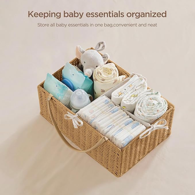 HBlife Large Baby Diaper Caddy Organizer, Paper Rope Storage Baskets Nursery Bin with Removable Divider, Portable Car Organizer for Diapers, Baby Shower Gifts, Newborn Essentials Must Haves