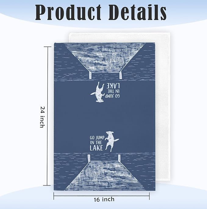 Blue Lake House Decor Dish Towels,Lake House Gifts,Funny Lake Dog Kitchen Towels Decorative,Dog Lover Mom Gifts Hand Towels Drying Cloth for Kitchen Bathroom Decor,16x24 Inch