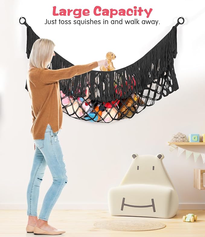 Stuffed Animal Hammock - Extra Large 56'' Long (Black) | Premium Cotton Hand-knitted, Beautiful Long Tassel, Storage Hanging Organizer, Can Fit Stuffed Animals 30 Piece or More