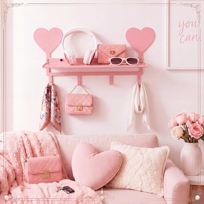 Pink Heart Metal Wall Mounted Coat Rack with Shelf 4 Hooks | Entryway Bedroom Organizer for Keys Purse Towel, Pet Leash Collar Hanger, Decorative Metal Shelf, Holds Bags Hats