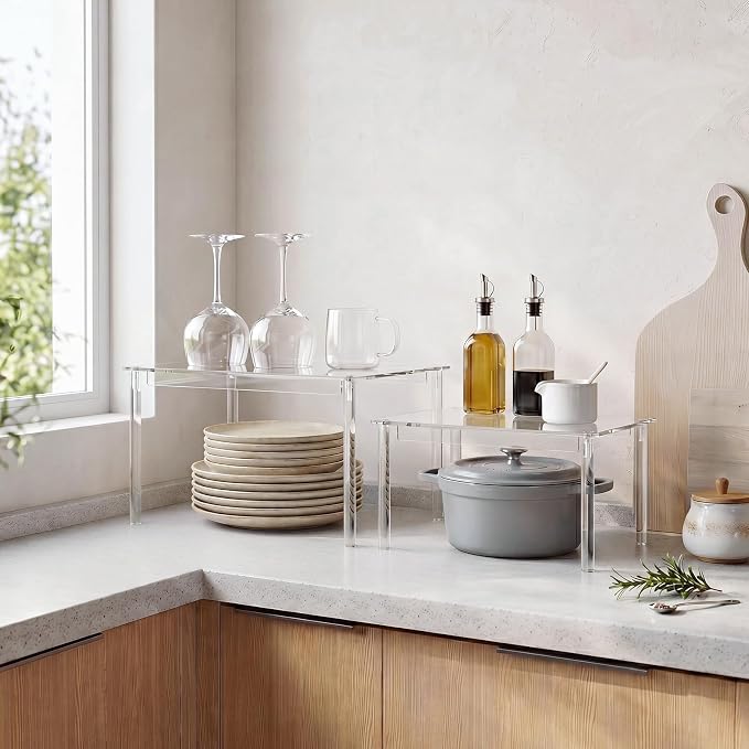 Delamu Cabinet Shelves, Clear Stackable Acrylic Storage Risers with Heavy Duty Support, Cabinet Organizer Shelf for Spices, Seasonings, Jars, Pantry, Kitchen Counter, Easy Assembly