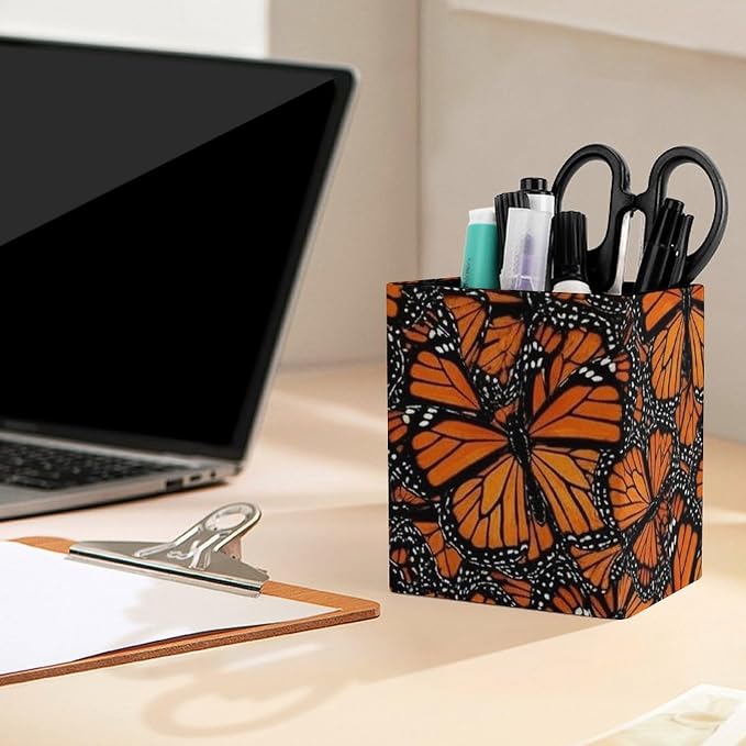 Pu Leather Pens Pencils Holder Cup for Men Women Square Makeup Brush Holder Desk Accessories Heaps Of Orange Monarch Butterflies Container Box for Office Supplies