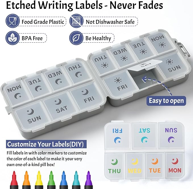 NEW Foldable & Double Protection Portable Weekly Pill Organizer 2 Times A Day with Etched Labels, AM PM 7 Day Week Medicine Box, Daily Travel Pill Case Holder Dispenser for Vitamin, Supplement - Grey