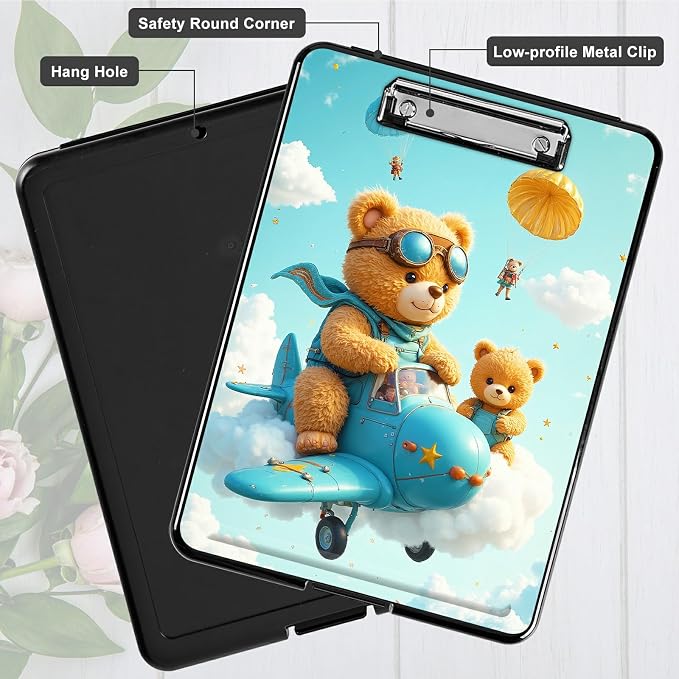 Heavy Duty Storage Clipboard, Slim Nursing Clipboard with Internal Pen Case, Portable File Organizer Case for A4 Letter Size Paper Office Medical Professionals, Airplane Bear
