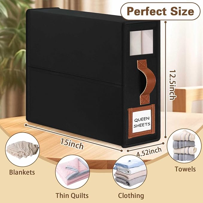 Bed Sheet Organizers and Storage, 4Pack Foldable Organizer for Linen Closet | 800D Thickened Fabric, Clear Window & Labels, Leather Handle, Dust & Moisture Proof, Fits King & Queen Sheet Sets