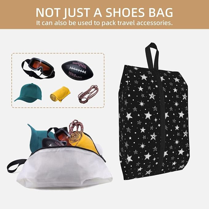 Cute Doodle Stars Travel Shoe Bag for Men & Women, Waterproof Shoe Storage Organizer with Zipper, Portable Shoe Pouch for Sneakers, Heels, Sandals, Gym & Travel Luggage 2PCS