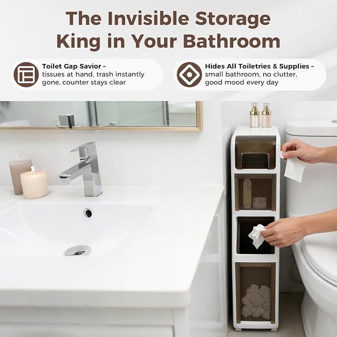 Slim Bathroom Storage Cabinet with Trash Can, Narrow Movable Waterproof Bathroom Floor Cabinet with Toilet Paper Holder for Bathrooms Toilet (15.1 * 6.9 * 31.5in)