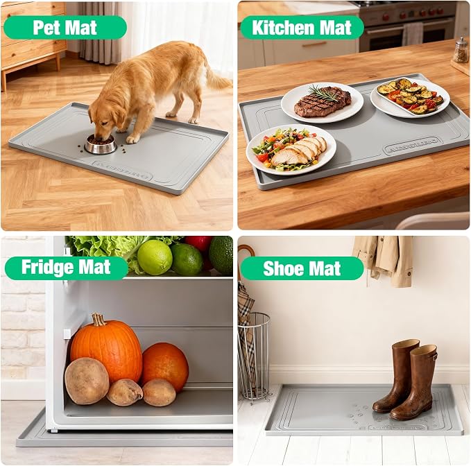 Under Sink Mat 34" X 22", Waterproof Silicone Cabinet Kitchen Liner, Gray | BPA-Free Raised-Edge Cabinet Protector & Leak Tray for Bathroom Cabinets, Boots, Pet Feeding Dog & Cat Mats, Dishwasher Safe