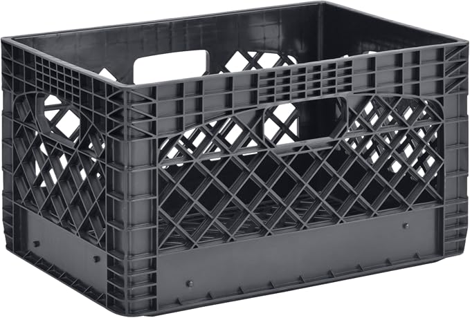 24QT Heavy Duty Plastic Milk Crate, Stackable Storage Bins for Freezer Storage and Travel Groceries — Heavy Duty Organizing Crate for Garage, Camping Supplies, Gardening Tools and Books (Black)