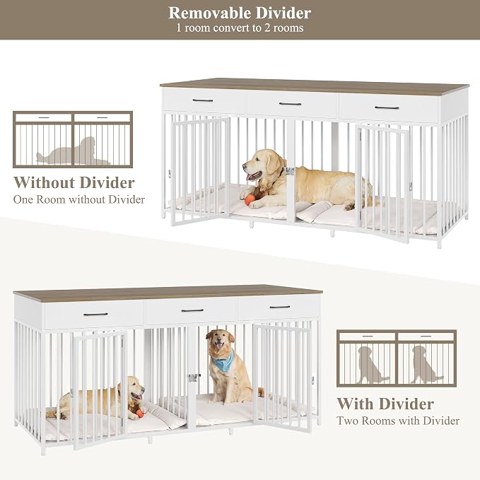 HOSTACK Double Dog Crate, 71"W Indoor Dog Kennel Furniture for 2 Dog, White | 3 Drawers for Easy Storage, Heavy-Duty Cage, Removable Divider, Slide Bolt Latch, Modern Farmhouse Pet House for XL/XXL Dogs