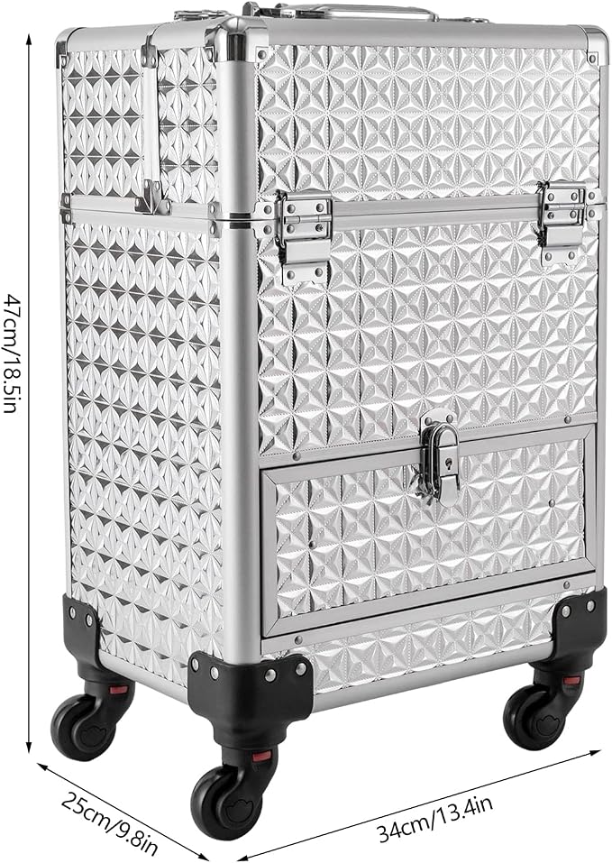 Makeup Rolling Case, Professional Rolling Nail Case Wheeled Manicure Storage Case Polish Organizer w/ Universal Wheels, Portable Adjustable Studio Travel Cart for Nail Technicians Hairstylist (Sliver)