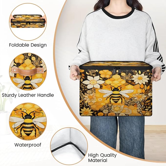 Storage Bins Honey Bee Storage Basket with Zipper Lid & Handle Foldable Storage Box Storage Cube Bin Clothes Organizer for Closet, Bedroom