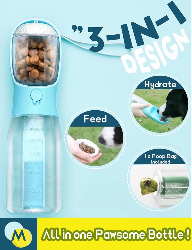 Portable Dog Water Bottle 3 in 1 Pet Travel Bowl Dispenser Treat Container