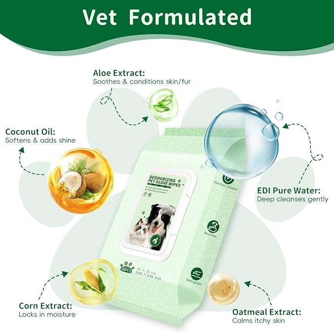 GLADFRESIT Pet Grooming Glove Wipes for Dogs & Cats, Hypoallergenic Deodorizing Cleansing Wipes with Coconut Oil & Botanical Extracts, 90 g Extra-Thick Gentle Wipes for Daily & Outdoor Care (20 Pcs)