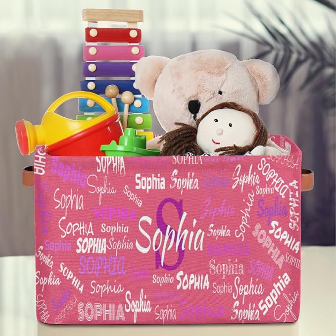 Custom Storage Baskets for Kids with Name, Large Foldable Organizer Collapsible Storage Bin with Leather Handle for Home Toys Closet Nursery, Light Violet Red Color