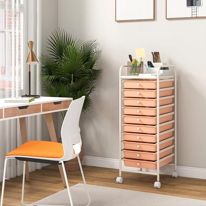 10 Drawer Rolling Storage Cart, Organization Cart on Drawers for Craft Makeup Paper Tool Art Supply, Versatile Utility Cart on Wheels for Home Office Classroom School (Peach)
