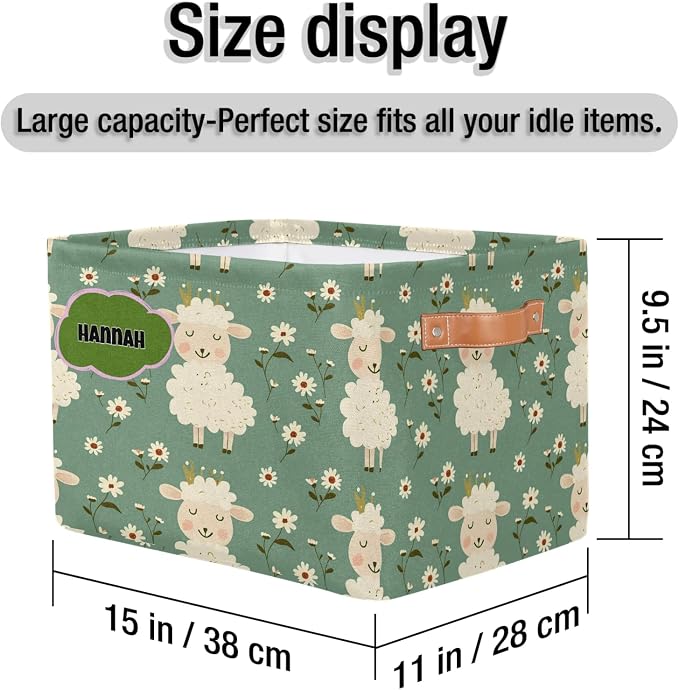 Personalized Kids Toy Box Name, Custom Nursery Baskets Cubes Box, Kids Custom Storage Basket Laundry Baskets Organizer with Handles, Cute Sheep with Daisy Floral