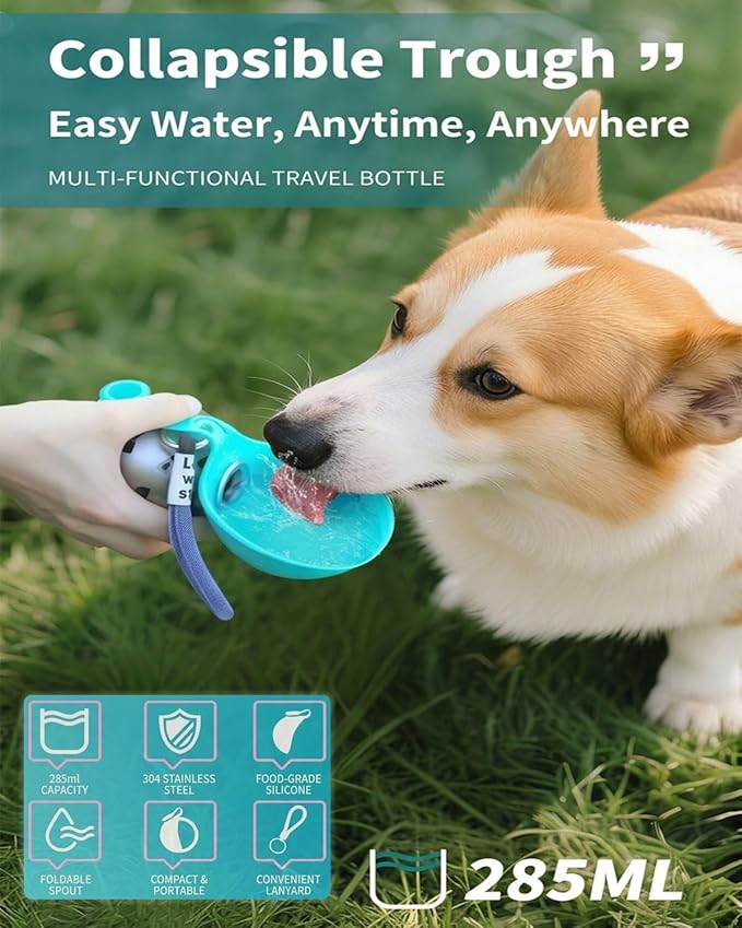 Dog Water Bottle with Bowl 2-in-1 Portable Leak Proof 10 OZ Puppy Travel Drink Dispenser for Large Medium Small Breeds Stainless Steel Hydration Tumbler Buddy Cup for Dogs Pets Outdoor(Blue B)