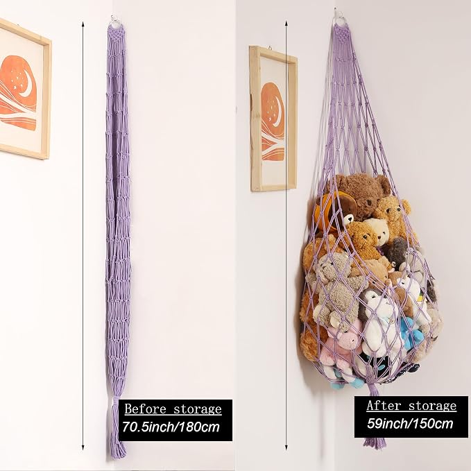 Amdermi Upgrade Stuffed Animal Hammock Corner or Wall Hanging Net for Stuffy Animal Storage Macrame Toy Display Over Door Toy Holder Kid Bedroom Decor Playroom Organizer (Purple XL)
