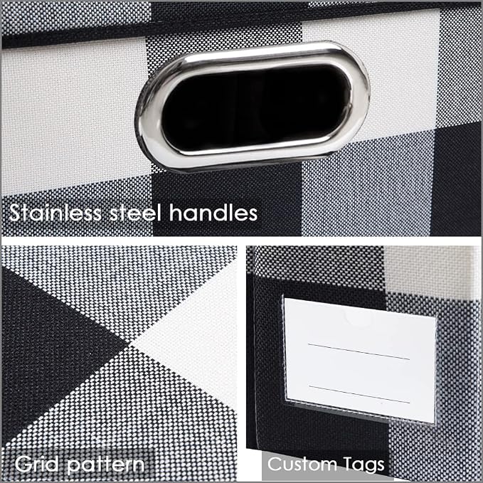 Large Collapsible Storage Bins with Lids [3-Pack] Fabric Foldable Storage Boxes Organizer Containers Baskets Cube with Cover for Home Bedroom Closet Office Black and White (17.7x11.8x11.8)
