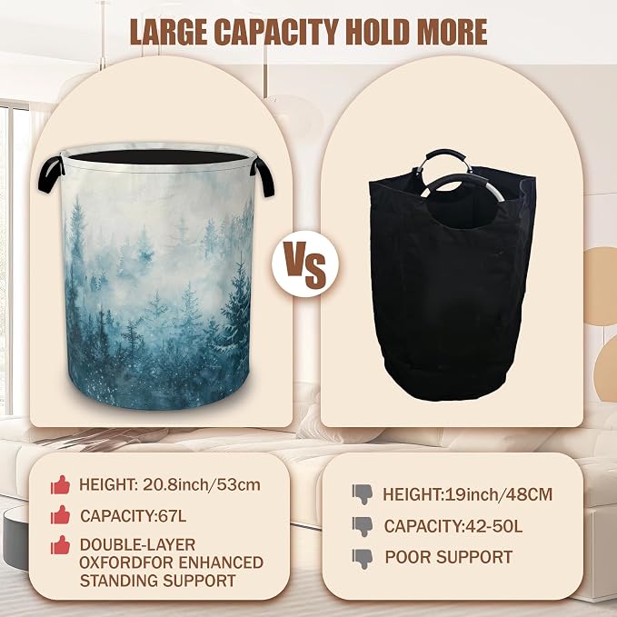 Misty Forest Laundry Baskets,Watercolor Landscape Laundry Hamper,Storage Basket with Handles for Bathroom Bedroom College Dormitory Living Room Nursery Organizer 16"x20.8"