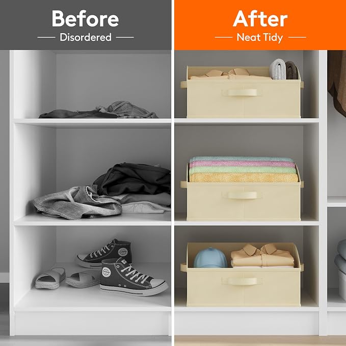 Lifewit Trapezoid Closet Storage Bin for Shelf, 6 Packs 19L, Beige | Non-woven Closet Organizer Baskets with Handles, Foldable Clothes Containers Boxes for Clothing, Book, Purse, Large