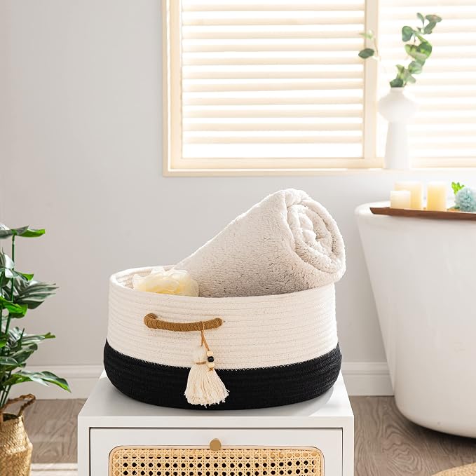 KAKAMAY Woven Baskets for Storage(16"x8"),Blanket Basket for Organizing Living Room,Cotton Rope Basket Woven Baby Laundry Hamper,Collapsible Laundry Room Organization,Clothes,Toy Chest(Black)