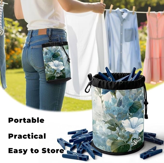 Floral Print Portable Clothespin Bag, Drawstring Laundry Peg Organizer with Hanging Loop, Compact Storage Pouch for Clips, Ideal for Camping Trips, Home Drying Rack, RV