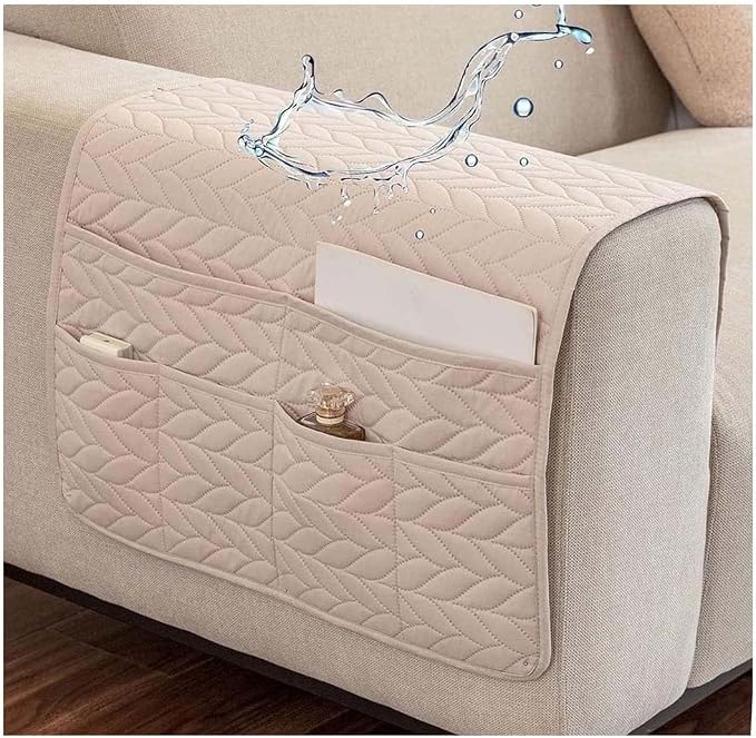 Sofa Armrest Organizer Waterproof Armchair Caddy for Couch Holder Recliner Non Slip with 6 Pockets Magazine Covers Chairs Sofas Arm Twist Pin Furniture Protector Slipcovers(Beige)