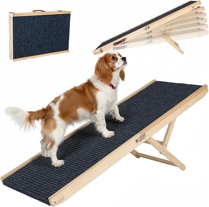 Wooden Dog Ramp for Couch High Bed, Non Slip Pet Ramps for Small Dogs and Cat with 6 Adjustable Height from 11.02'' to 25.2'', Portable 55.12'' Long Foldable Ramp for Dogs to Get on Bed Car