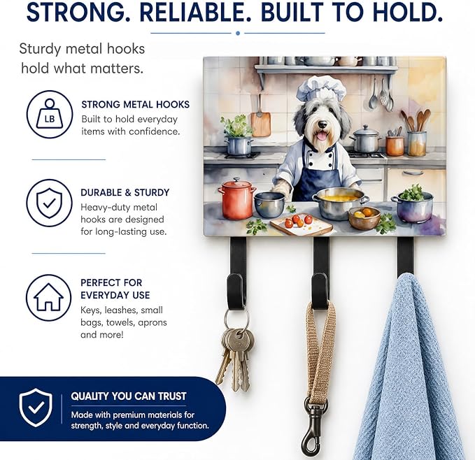 Caroline's Treasures Old English Sheepdog The Chef Leash or Key Holder Wall Hooks, Key Hooks Holder, Coat Rack Wall Mount, Coat Hooks, Hooks for Hanging Keys, Towels, Aprons, Leashes | Old English Sheepdog The Chef artwork on ceramic tile with three st...