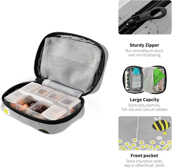 Cartoon Daisy Bee Pill Box 7 Day Pill Case Travel Pill Organizer Bag with Zipper Portable Weekly Case Compact Size for Vitamin Supplement Holder