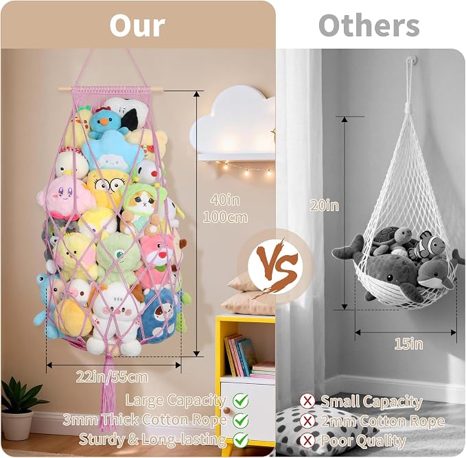 Stuffed Animal Storage Hammock Corner,70'' Macrame Plushie Net,Pink | Wall Ceiling Over Door Hanging Stuffed Animals Hammock, Boho Macrame Stuffy Storage Holder, Nursery Playroom Kid Room Decor