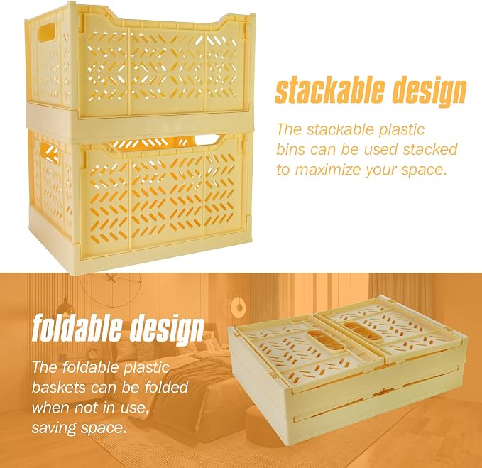 2 Pack Stackable Storage Crates, Plastic Foldable Baskets Tall Yellow | Easy-carry handles, suitable for toys books groceries office supplies and household storage for home office shopping