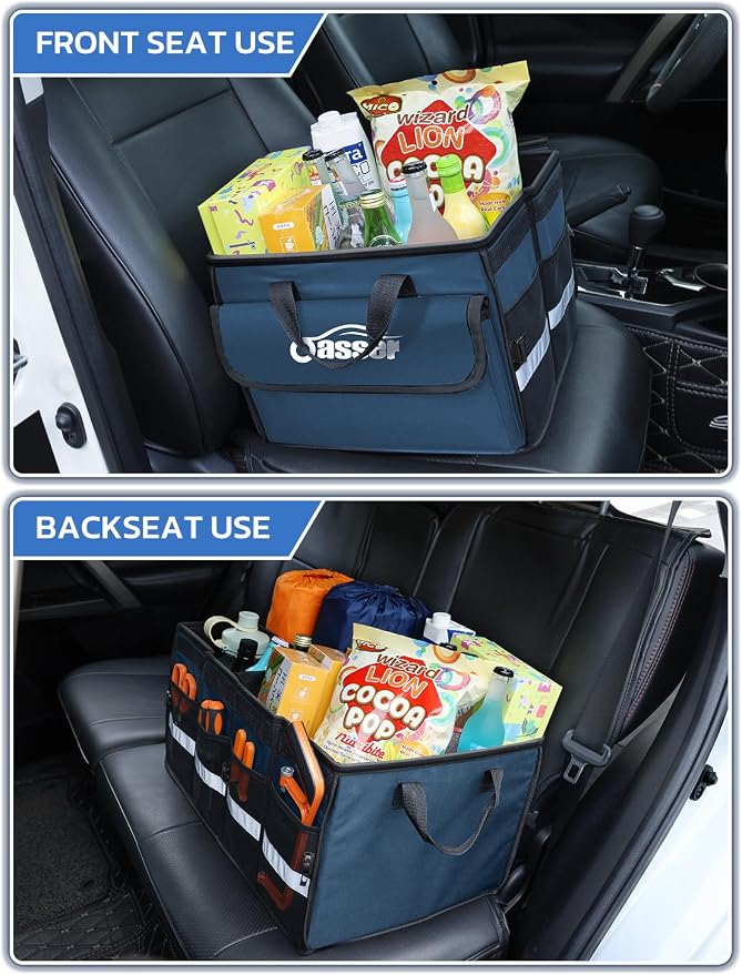 Oasser Car Trunk Organizer Collapsible Multi Compartments Trunk Organizer for SUV with Foldable Cover Reflective Strip | 4 Mesh Pockets, 600D, Non-Slip Bottom, Reflective Strip, 35kg Load, for SUV Saloon Estate Daily Storage, Shop & Family Trip