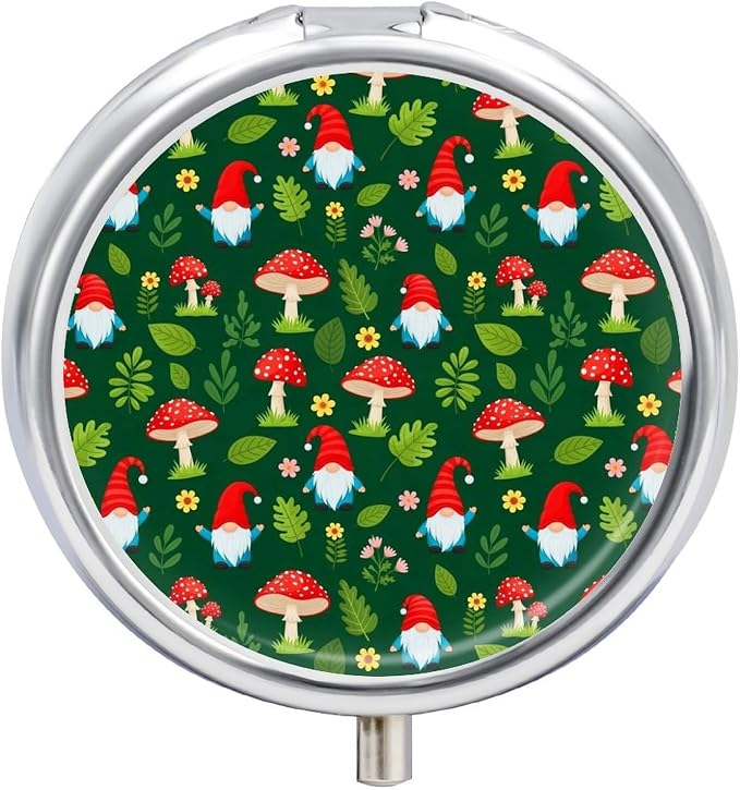 Round Pill Box for Purse Tote Bag Red Mushroom Unique Design Gnome Green 3 Compartment, Compact Pill Organizer for Travel Supplements