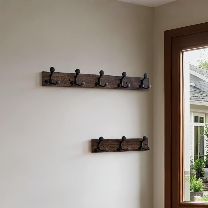 SKOLOO 30-Inch Wood Burnt Coat Rack Wall Mount with 5 Triple Hooks - Ideal for Family Entrances, Classrooms, and Pet Supplies Storage - Perfect Coat Hooks for Wall, Pack of 2