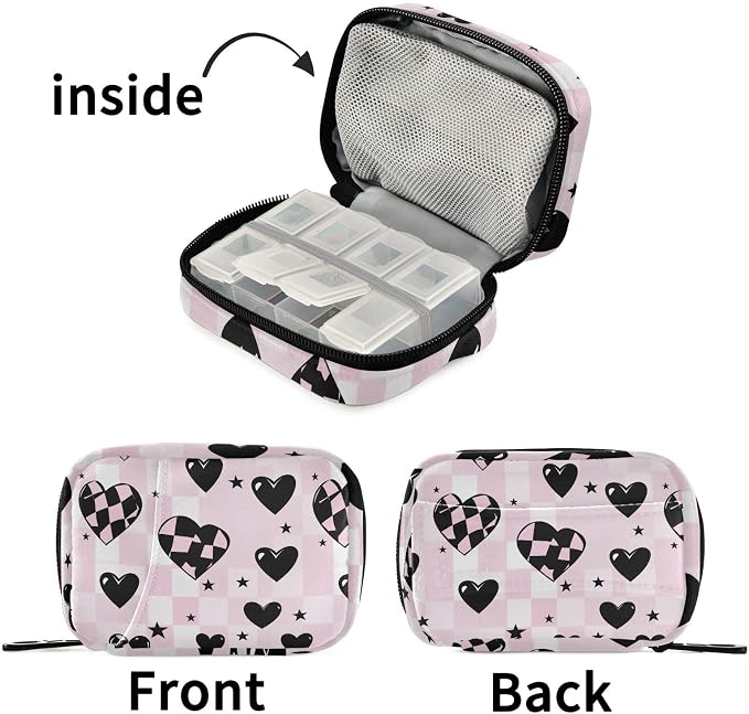 Fustylead Cute Pink and Black Heart with Checkered Design Travel Pill Organizer Bag with Zipper Small Pill Box 7 Day Pill Case for Purse Storage Weekly Vitamin Medicine Supplement