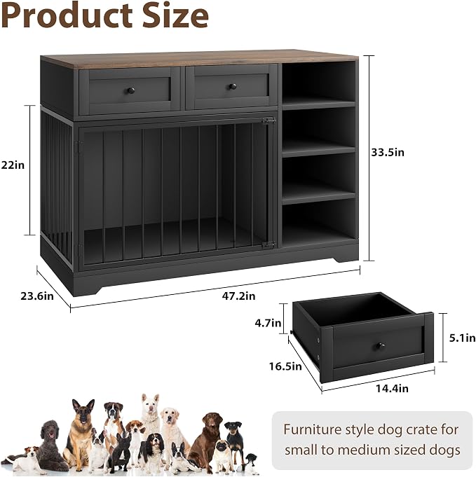 Wooden Dog Crate Furniture, Indoor Dog Kennel TV Stand with Storage, Black | 2 Drawers and 4 Open Shelves, Multi-Functional Dog Kennel for Small, Medium and Large Dogs