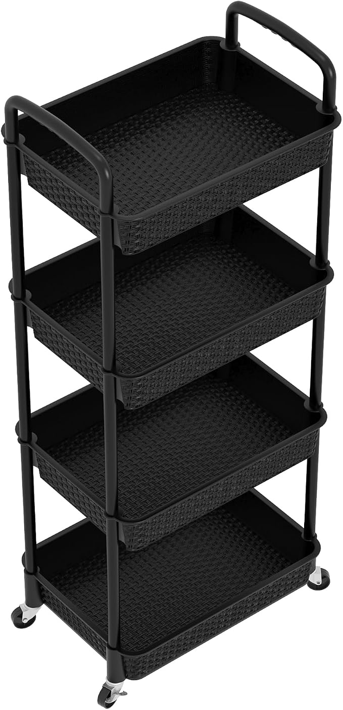 MOYIPIN 4-Tier Plastic Rolling Utility Cart with Handle, Black | Utility Storage Cart for Office, Living Room, Kitchen,Movable Storage Organizer，Easy installation，Rattan-like art design
