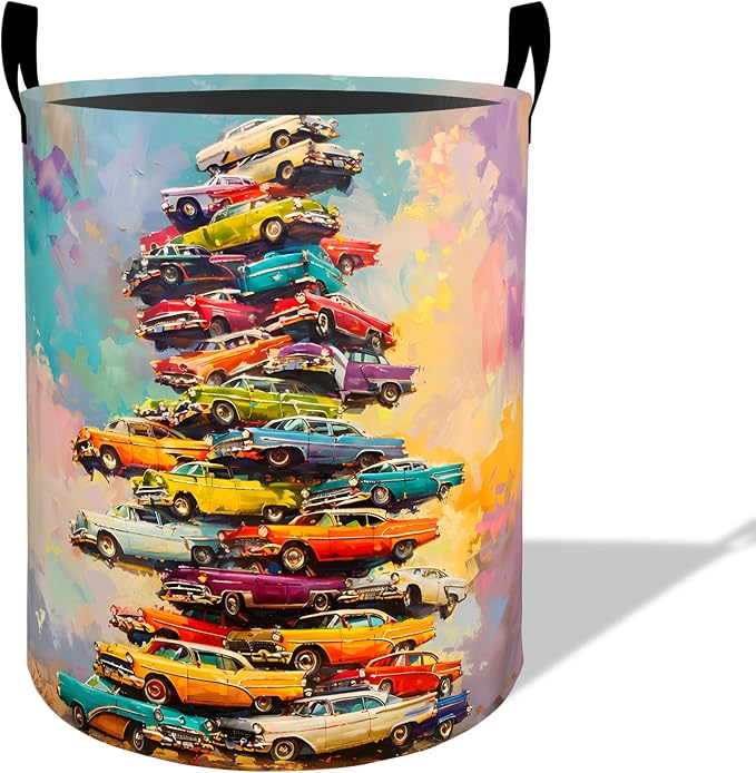 Classic Car Laundry Basket Hamper 19.7"x15.8", Organizer Bins Gifts for Kids Boys Girls, Colorful Classic Cars Foldable Waterproof Oxford Clothes Storage Bucket for Bedroom Bathroom Decor