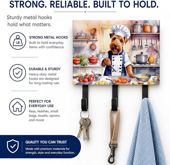 Caroline's Treasures Welsh Terrier The Chef Leash or Key Holder Wall Hooks, Key Hooks Holder, Coat Rack Wall Mount, Coat Hooks, Hooks for Hanging Keys, Towels, Aprons, Leashes | Welsh Terrier The Chef artwork on ceramic tile with three steel hooks for ...