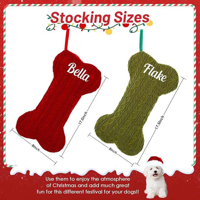 Personalized Pet Christmas Stocking,18 inch Custom Name Knit Christmas Stockings for Dog，Large Bone Xmas Stockings (Set of 2)