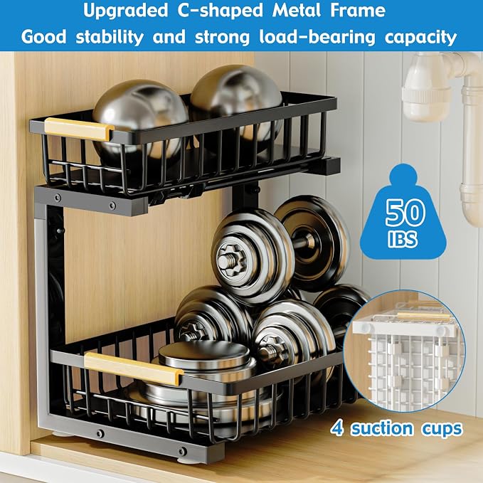 2Pcs Under Sink Organizer, 2-Tier Pull Out Under Sink Organizers and Storage, Adjustable Metal Under Cabinet Organizer Shelf, Bathroom Organizer, Sliding Out Drawer for Kitchen Pantry Black