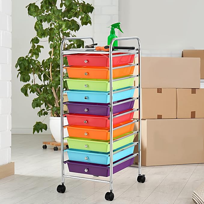 10 Drawer Rolling Storage Cart, Organization Cart with Drawers for Craft Makeup Paper Tool Art Supply, Versatile Utility Cart on Wheels for Home Office Classroom School (Multicolor)
