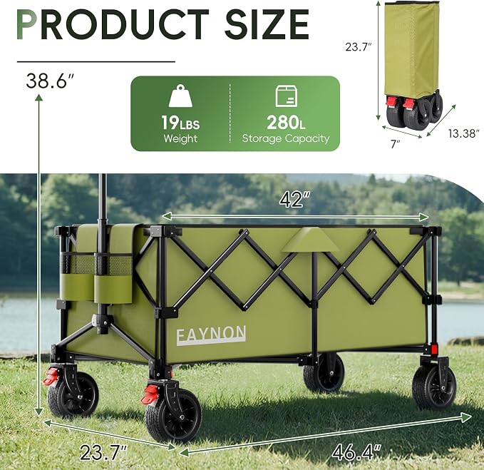 46" L Collapsible Foldable Extended Wagon, 500LB Weight Capacity with 280L Heavy Duty Folding Cart,Utility Wagon with All-Terrain Beach Wheel & Drink Holders,Green