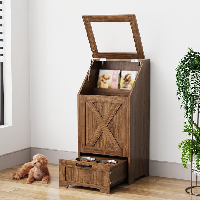Dog Feeding Station with Storage Cabinet & 2 Elevated Bowls,Walnut | All-in-one Pet Feeding Station: Sealed Food Bin + 2 Pull-out Elevated Bowls + Shelf + Side Hooks. Moisture-Proof.