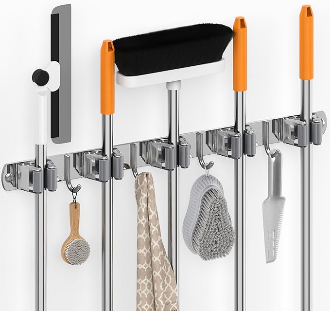 5 Grippers Broom Holder Wall Mount with 4 Hooks Stainless Steel, Silver | Self Adhesive or Screw Mop and Broom Organizer, Heavy Duty Storage Rack for Garden Closet Laundry Room Kitchen Garage