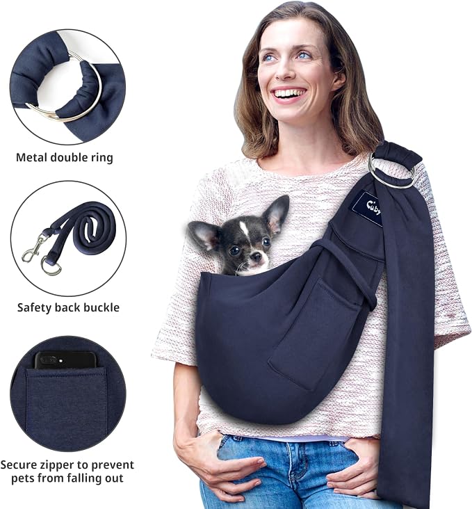 Dog and Cat Sling Carrier - Hands Free Reversible Pet Sling Bag - Ring Sling Adjustable - Suitable for Puppy, Small Dogs Cats Outdoor(Dark Blue)